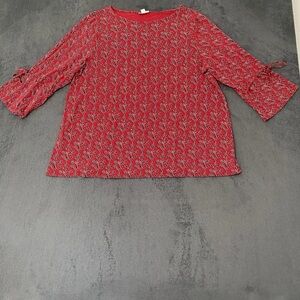 J Jill Tunic Blouse Womens XL Red Black Floral Tie Bell Sleeve Boat Neck Top